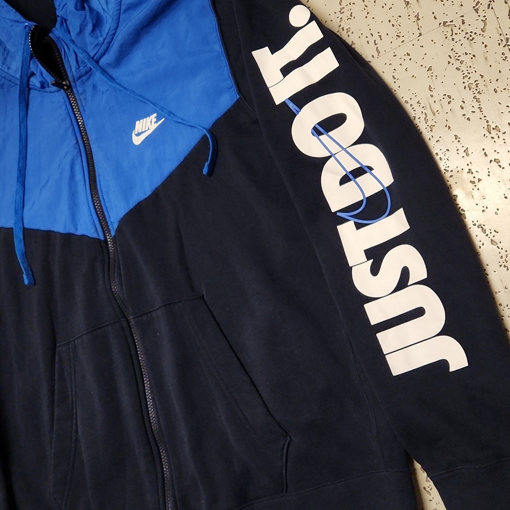 Nike Blue & White 'Just Do It' Spellout Logo Full Zip Hoodie Sweater - Picture 2 of 5